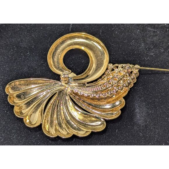 Deco Style Fan Brooch Gold Tone Rhinestones - Picture 3 of 5